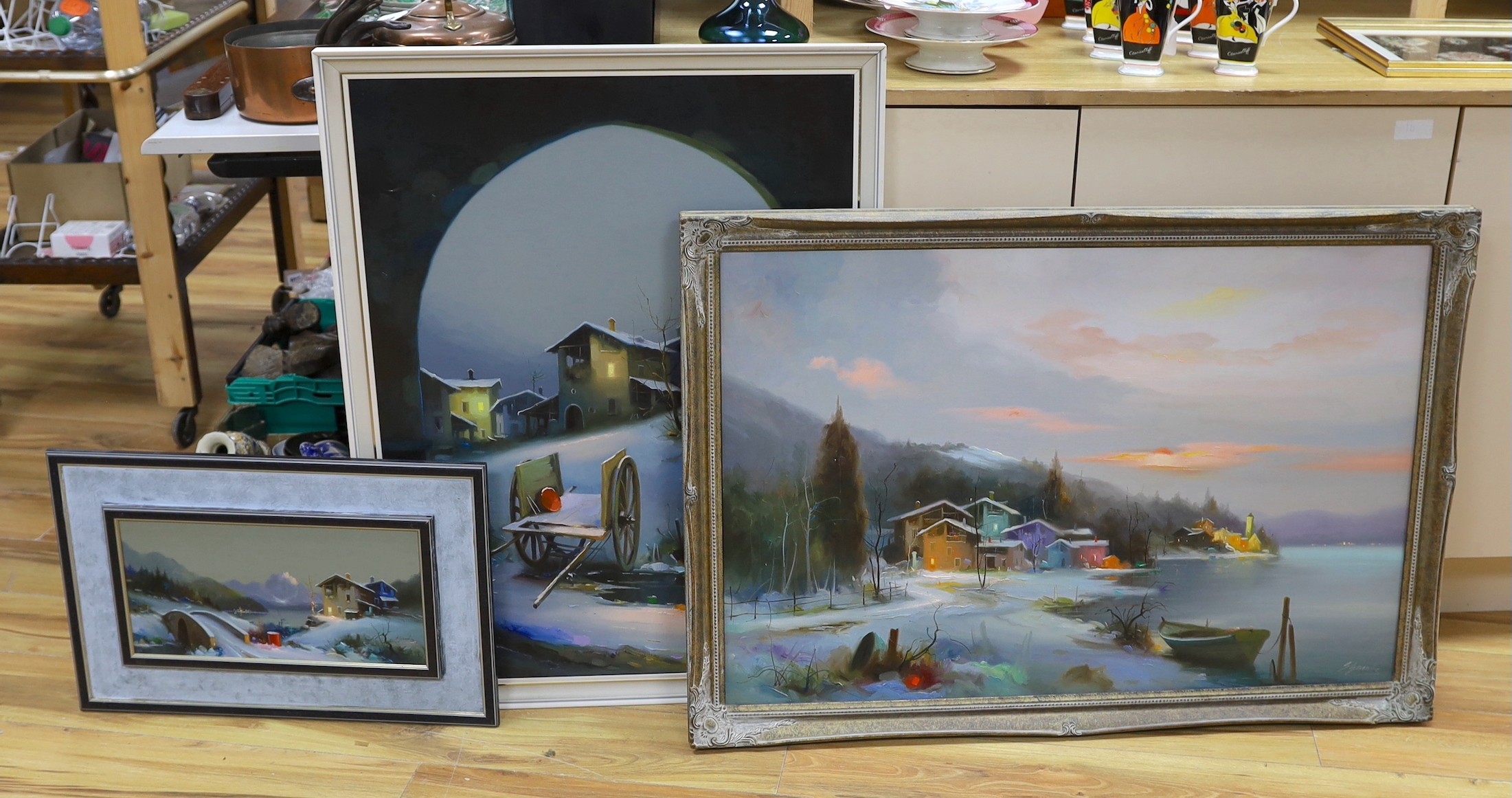 Silvano Gambo (Italian), three oils on canvas, Winter landscapes, signed, largest 60 x 91cm